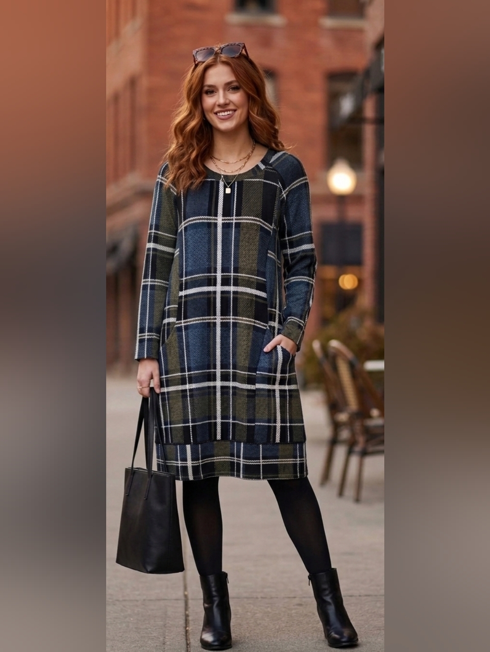 Rabbit Rabbit Rabbit Designs Plaid Tunic Dress Pockets Blue Olive Pockets Boho